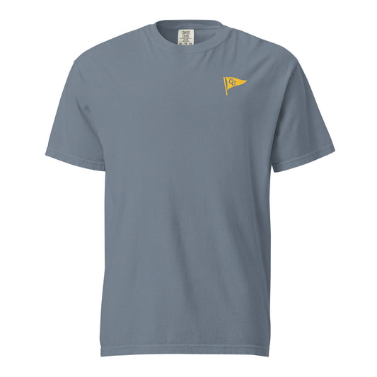 Gray t-shirt with a small graphic on the chest against a white background