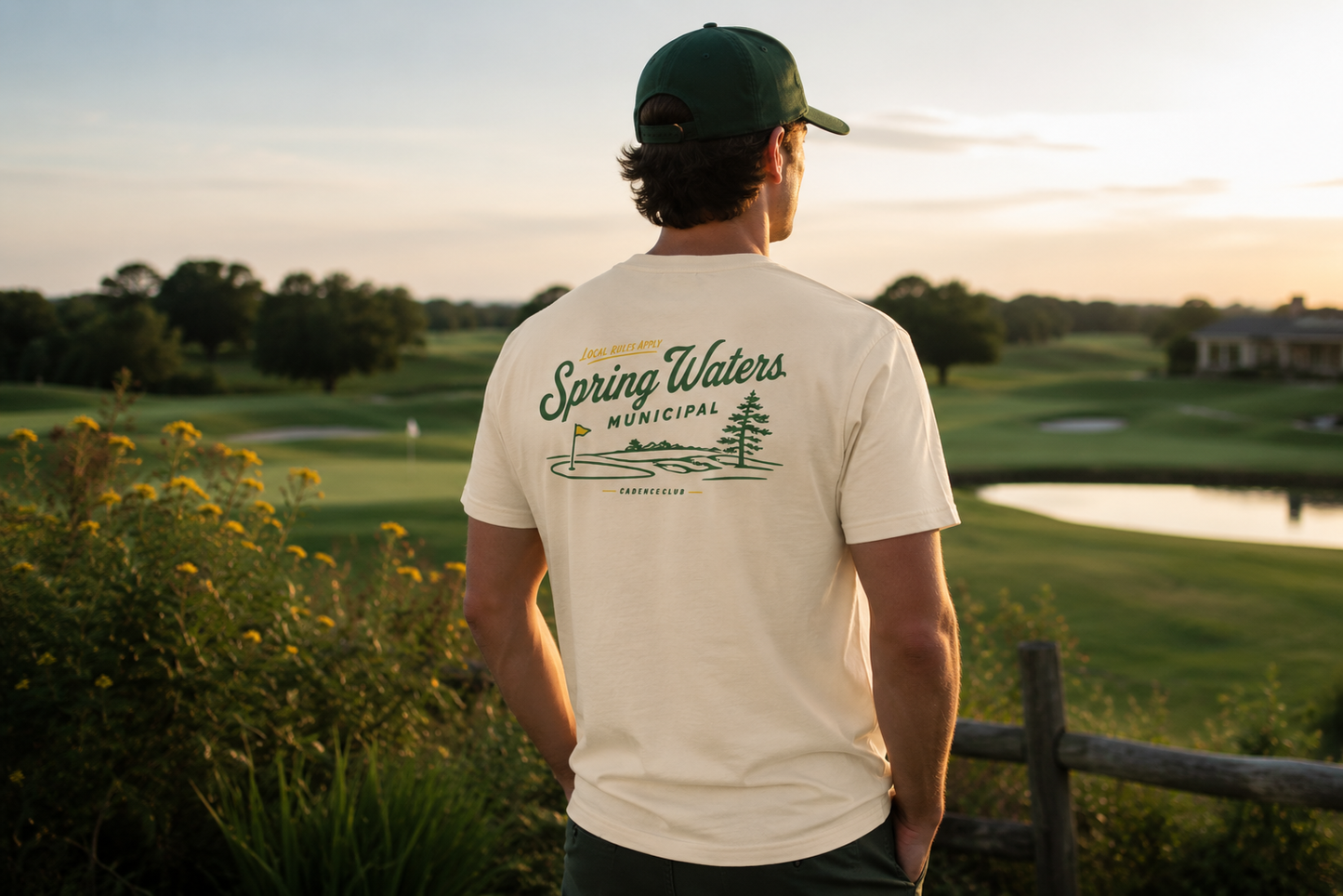 Person wearing a 'Spring Waters Municipal' t-shirt in a golf course setting