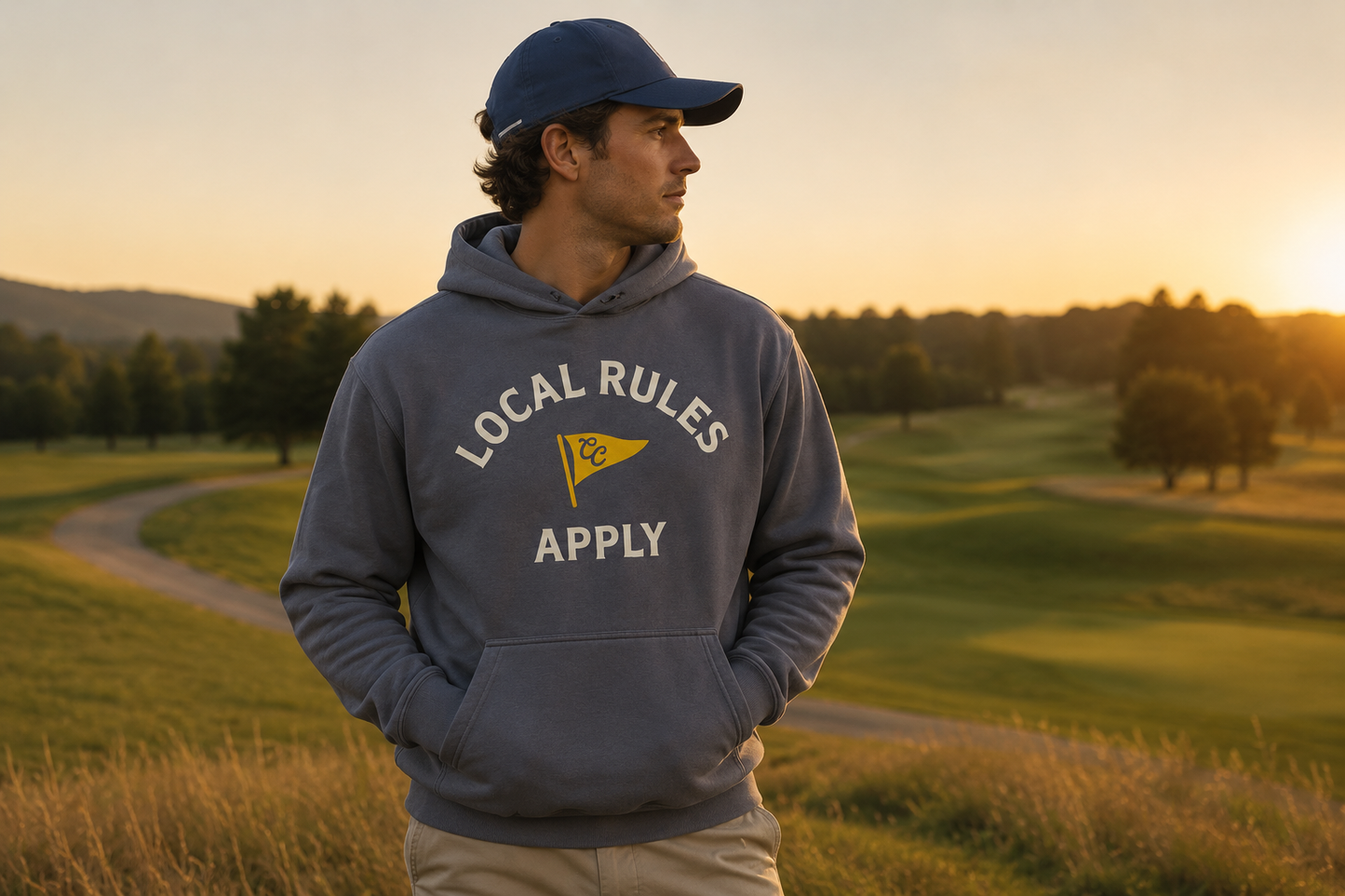 Man wearing a hoodie with 'Local Rules Apply' text on a golf course at sunset
