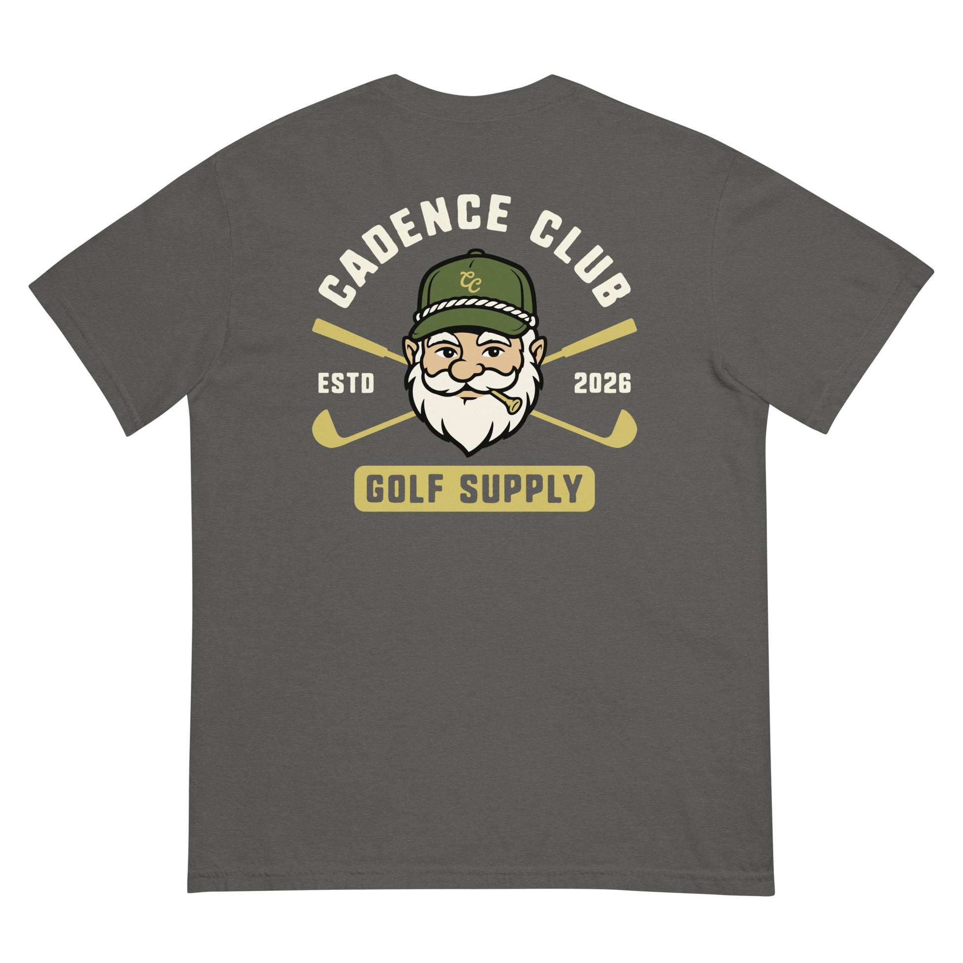 A dark gray t-shirt shown from the back, featuring a graphic print of a bearded man in a green cap with crossed golf clubs and the text 'CADENCE CLUB ESTD 2026 GOLF SUPPLY'.