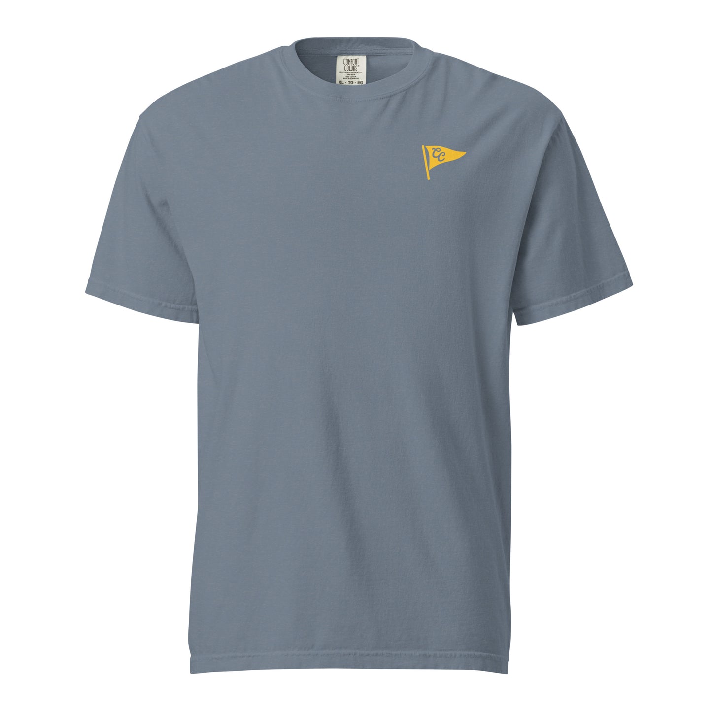 Gray t-shirt with a small graphic on the chest against a white background