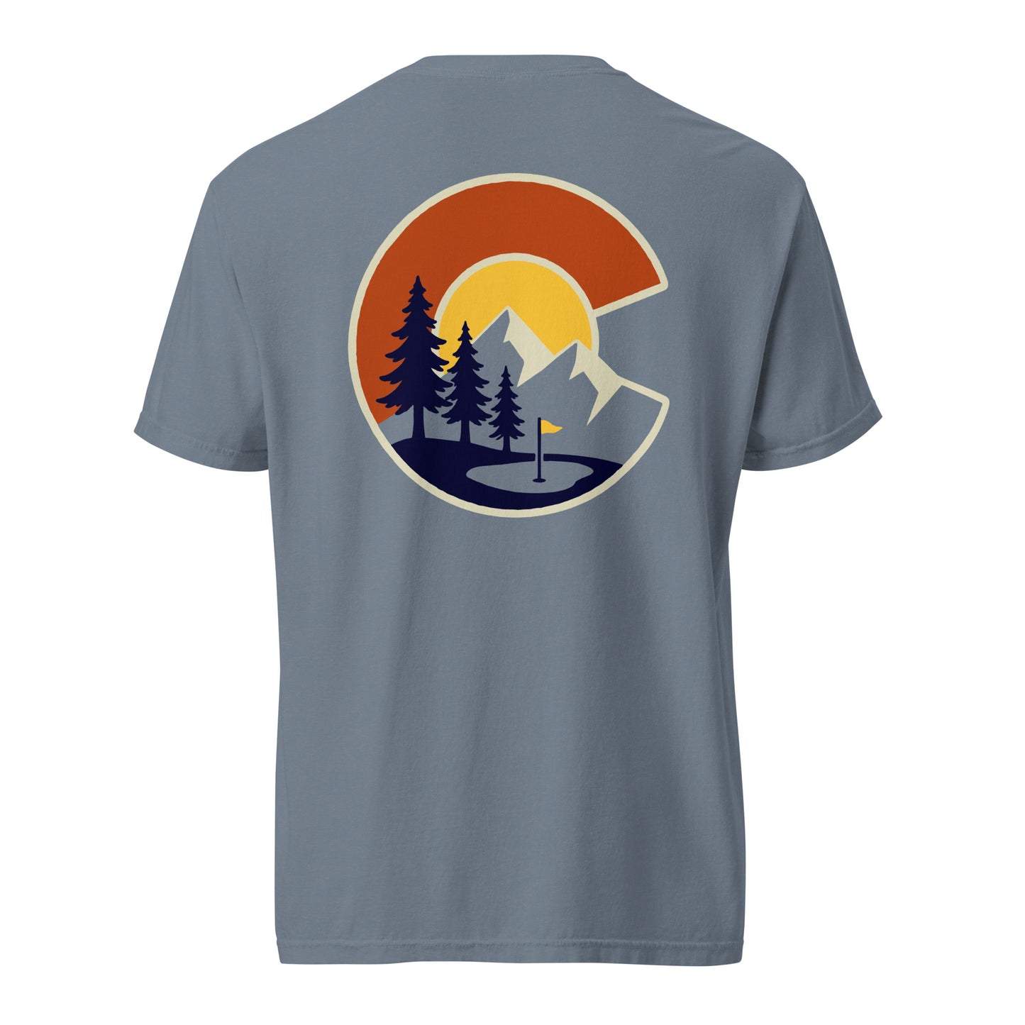Blue tee shirt with a Colorado golf design on the back