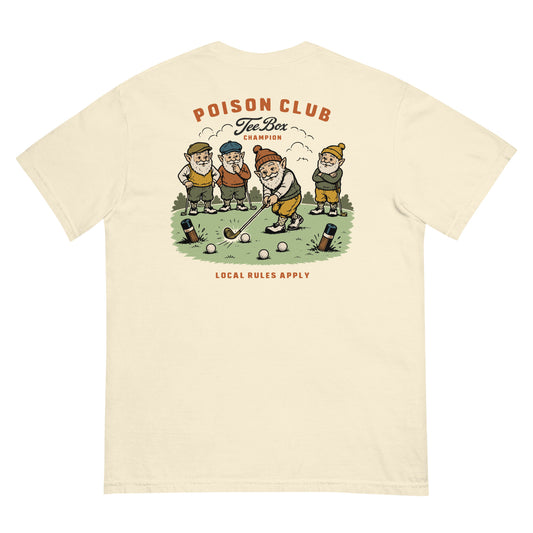 A cream-colored short-sleeve t-shirt showing the back, which features a colorful cartoon graphic of four people playing golf with the text 'POISON CLUB Tee Box LEASING' and 'LOCAL RULES APPLY'.