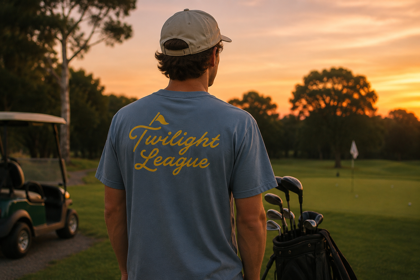 Man on a golf course at sunset wearing a 'Twilight League' t-shirt.