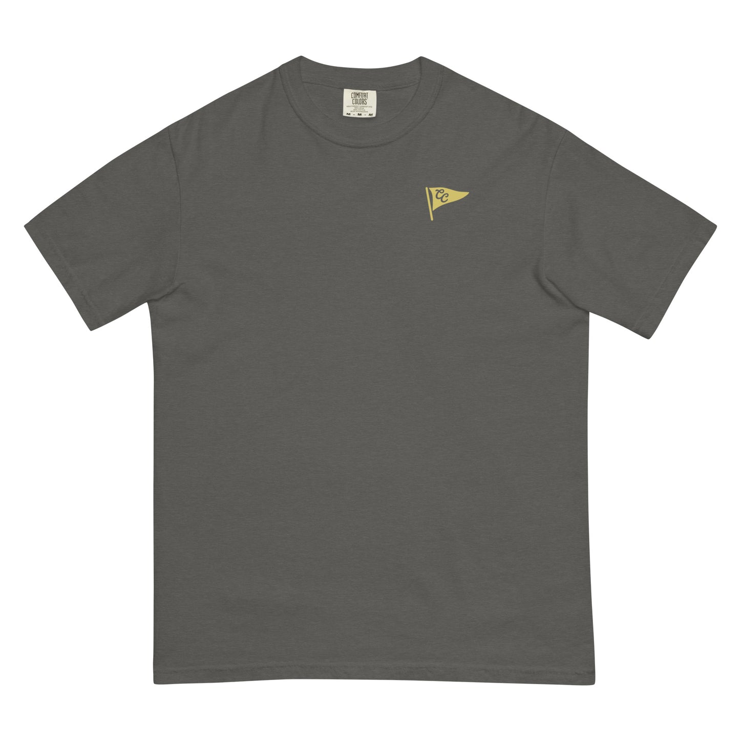 Dark gray t-shirt with a small graphic on the chest against a white background