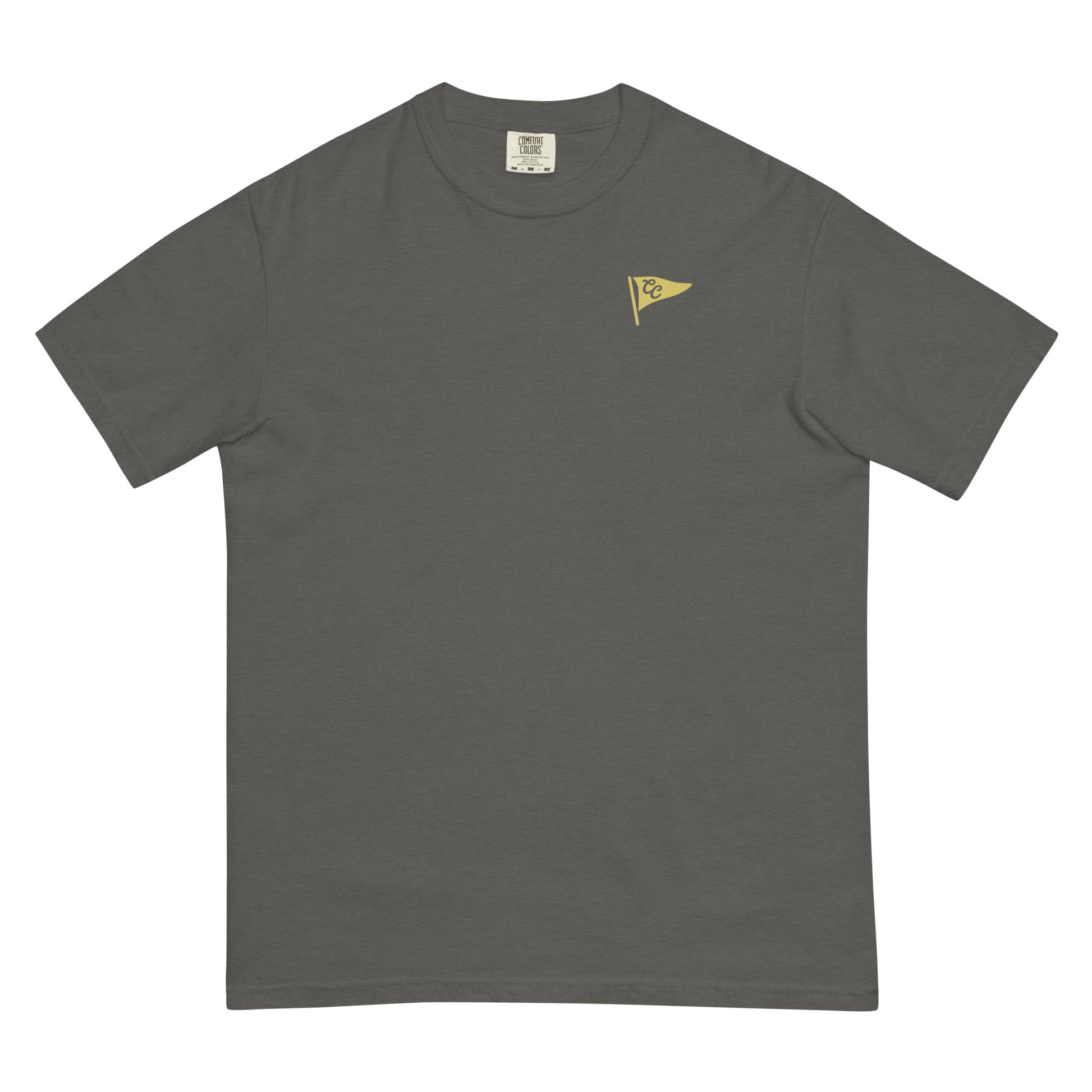 Dark gray t-shirt with a small graphic on the chest against a white background